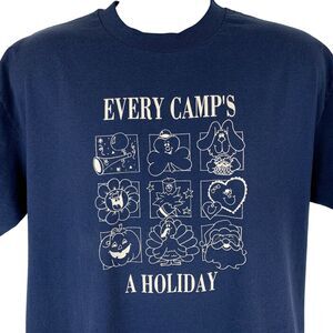 Vintage 80s Every Camps a Holiday T Shirt Mens XL X-Large Seasons Camping Blue